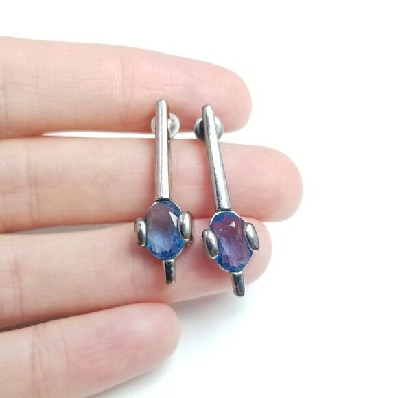 Vintage Blue Rhinestone Silver Tone Stud Drop Earrings, Minimal Design - Picture 1 of 6